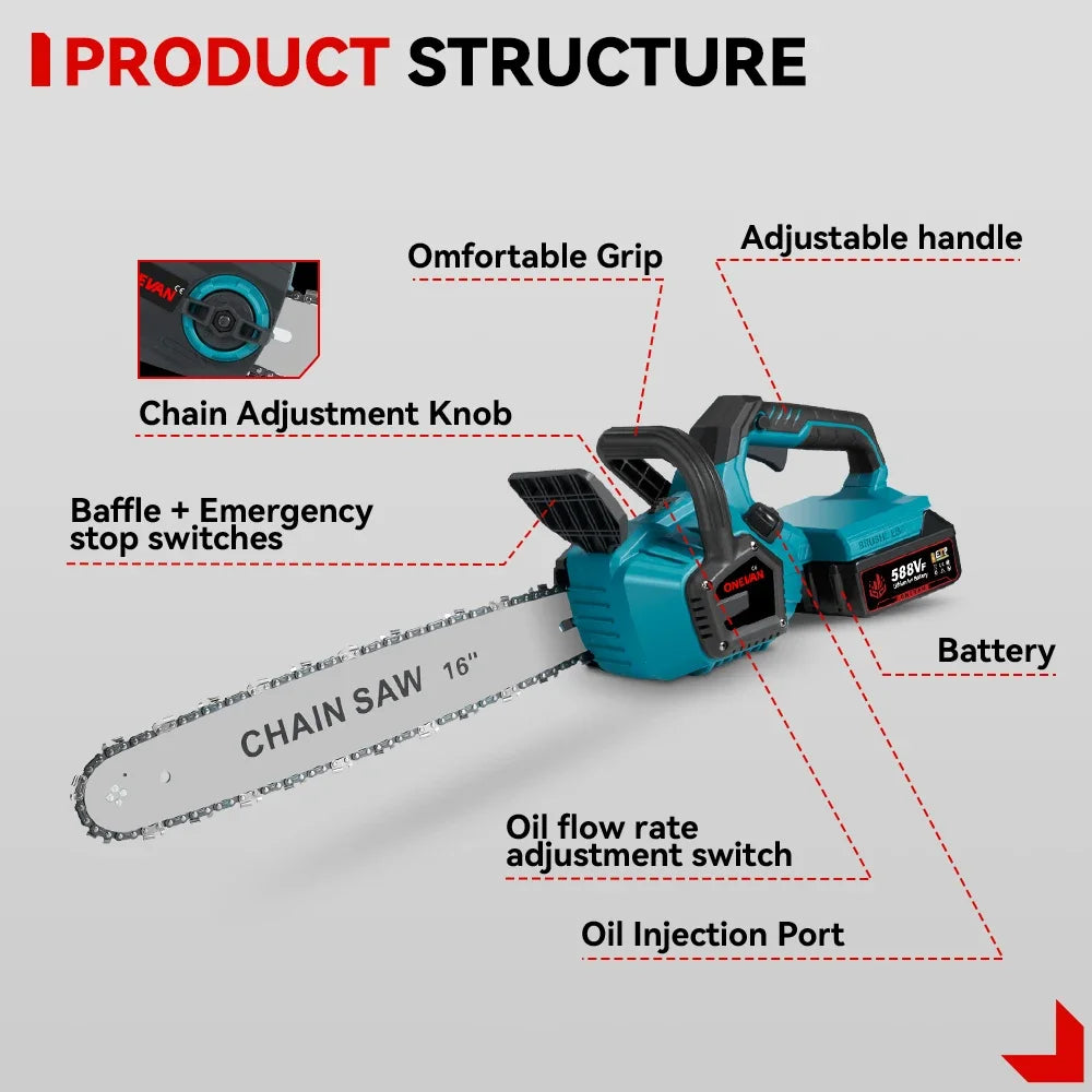16-Inch 8000W Brushless Electric Chainsaw with LED and Auto-Oiling, Cordless Woodworking Garden Chain Saw Power Tool for 21V 18V Battery