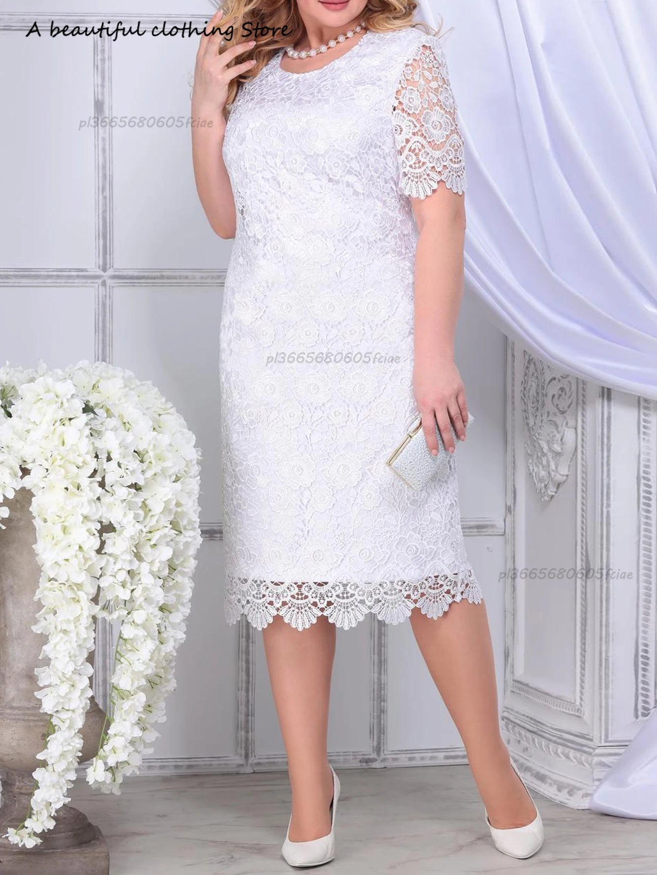 Plus size elegante vestidos de festa mulher branca verão bordado floral casamento convidado magro lápis midi vestido