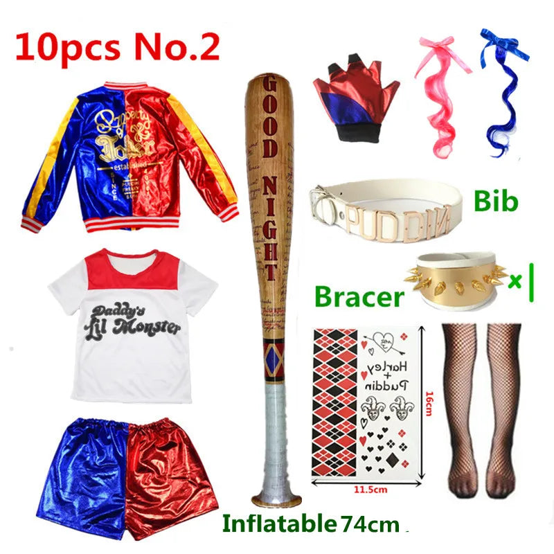 Harley Quinn Cosplay Suicide Squad Harleen Quinzel Kids Girls T-Shirt Joker Jacket Halloween Costume
