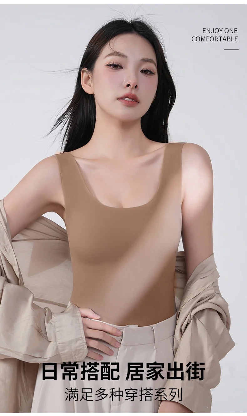 2 piezas/lote de camiseta sin mangas de seda sin costuras con almohadilla fija en el pecho para mujer, camisola sin mangas, ropa interior exterior, camisola de verano de alta elasticidad