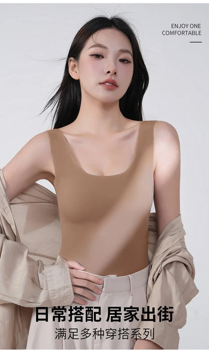 2 piezas/lote de camiseta sin mangas de seda sin costuras con almohadilla fija en el pecho para mujer, camisola sin mangas, ropa interior exterior, camisola de verano de alta elasticidad