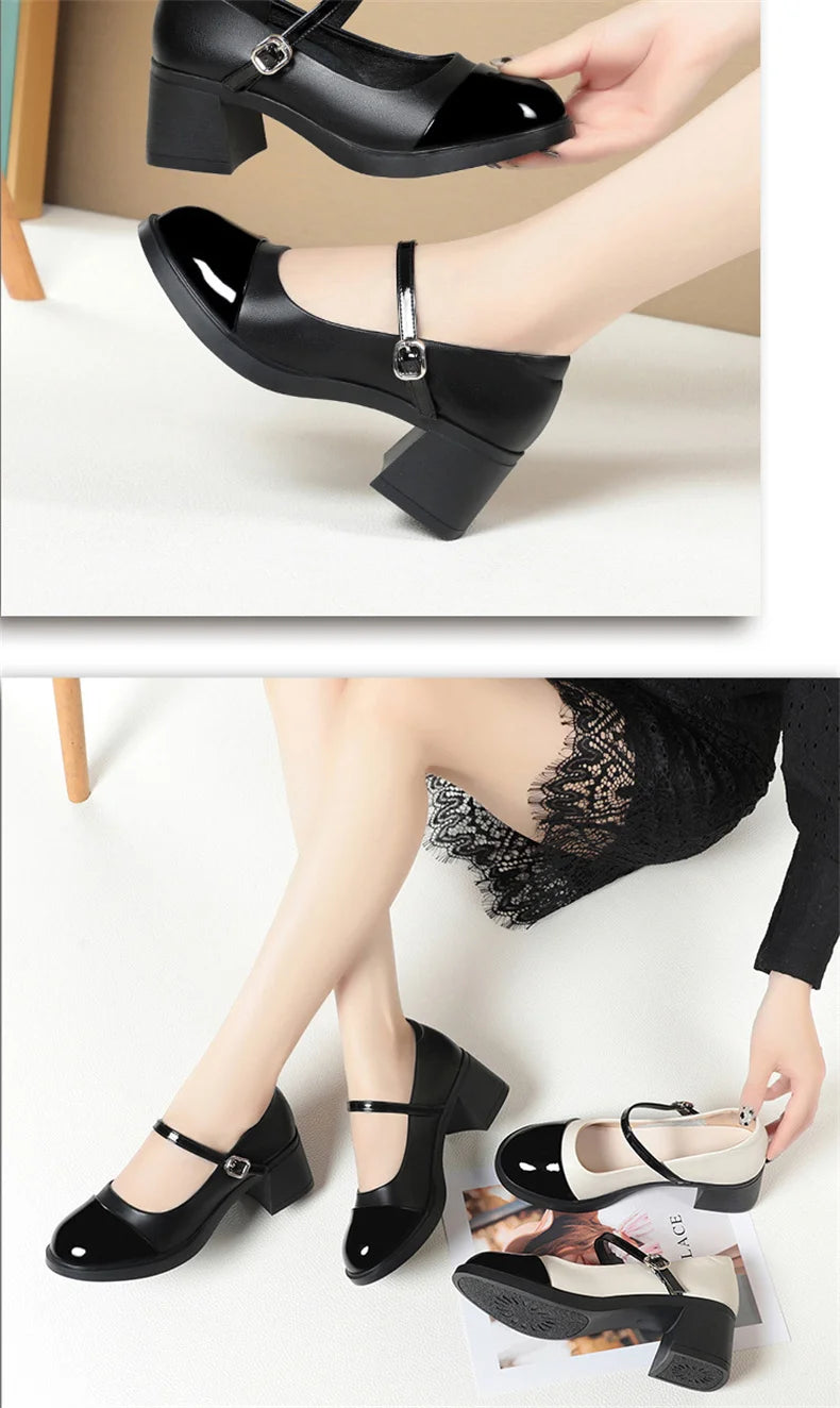 Women Shoes 2024 New Fashion Retro Round Toe Soft Leather Casual Mary Jane Shoes Shallow Mouth Waterproof Platform Shoes