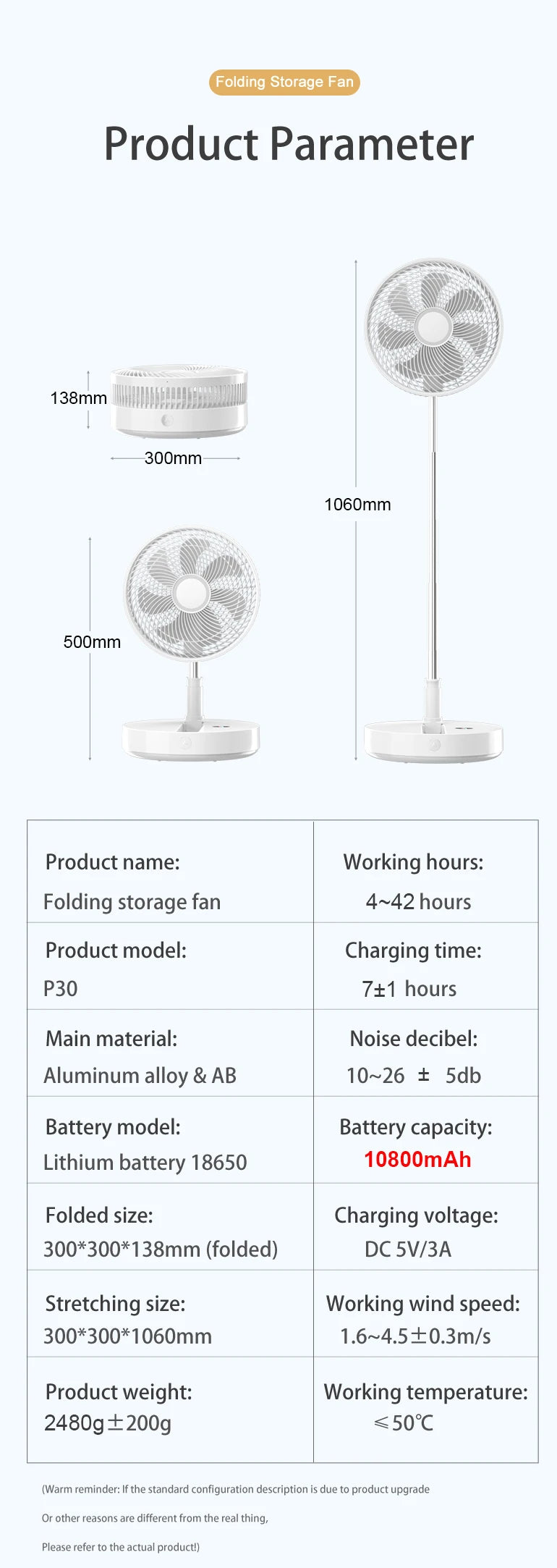 P30 Rechargeable Standing Fan 12 Inch 10800mAh Electric Folding Fan for Desktop Floor Wireless Portable Fans for Home Camping