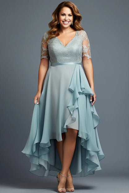 Vestido largo Flycurvy de talla grande para invitada de boda, de gasa azul claro, con encaje y dobladillo alto y bajo escalonado 