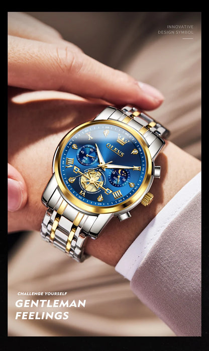 OLEVS 2856 New Men's Watches Luxury Classic Flywheel Design Waterproof Chronograph Moon Phase 24 Hour Quartz Wrist Watch for Men