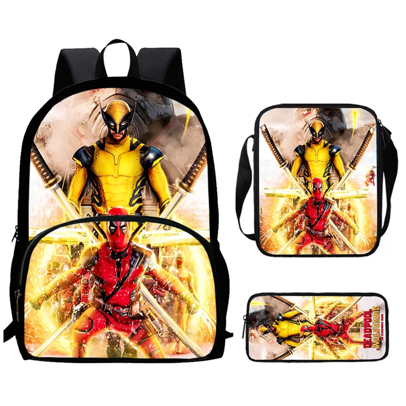 Mochilas para niños de 3 piezas con dibujos animados de DEADPOOL y WOLVERINE, mochila para estudiantes, bolso de hombro, estuche para lápices, regalo perfecto para niños y niñas.