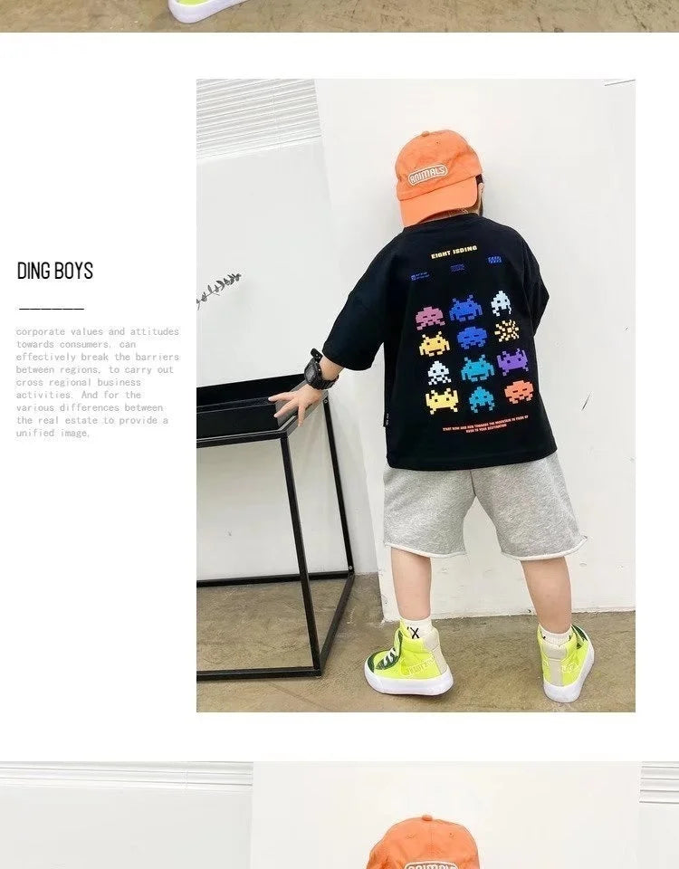 Camiseta de manga corta de verano para niños, Top de cuello redondo para niños pequeños y medianos, moda informal versátil de media manga