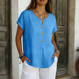 2026 Summer Basic Blouses Women's Shirts Solid Color Casual Short-Sleeve Cotton Linen Fashion Plus Size V-Neck Loose Button Tops