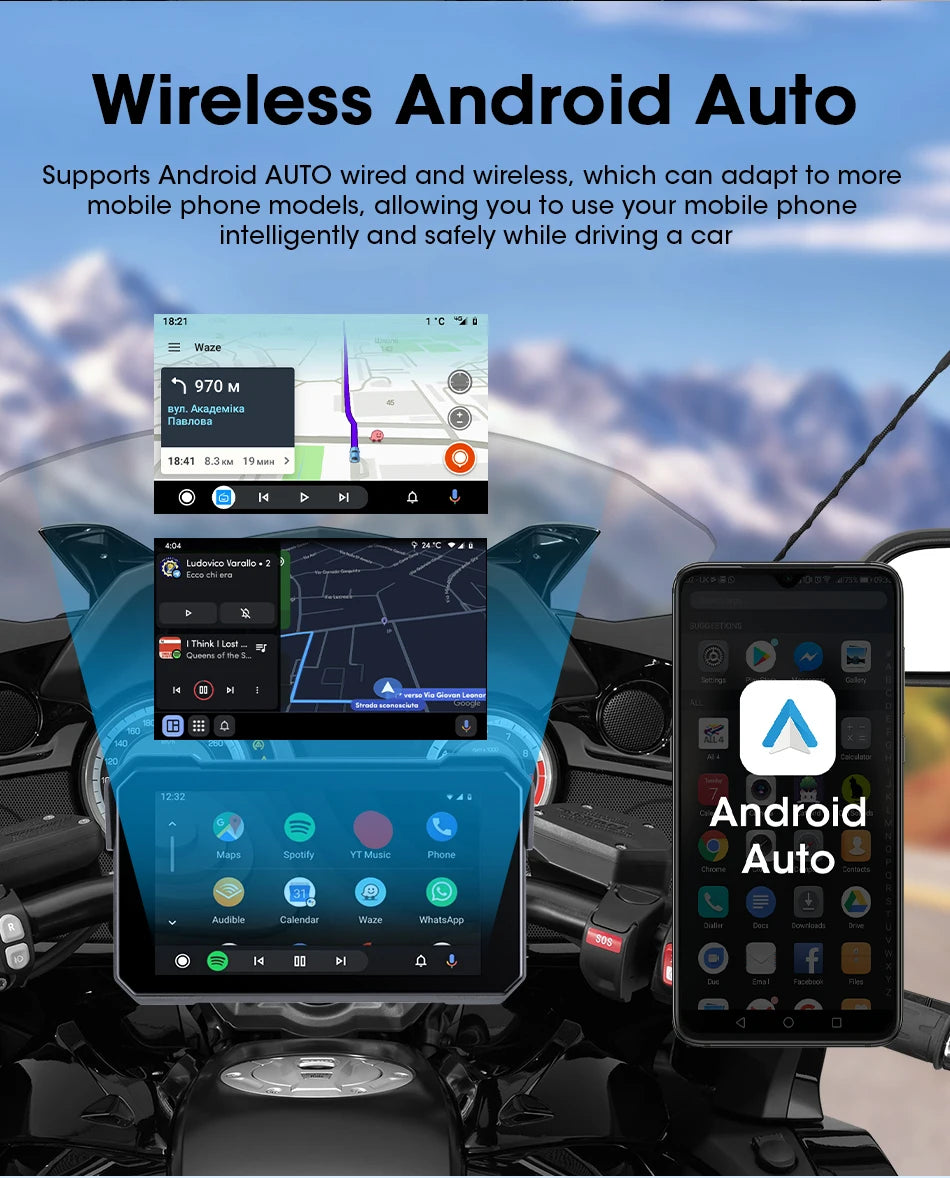 5" Portable Motorcycle Navigation GPS Wireless Carplay&Android Auto Moto Monitor IPX7 Waterproof Display Dual Bluetooth 5.0