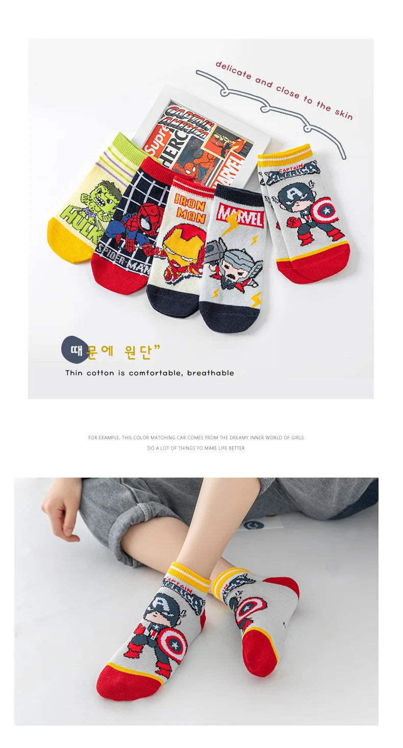 5 Pairs Marvel Kids Socks Kawaii 2024 New Fall Winter Cartoon Boy Children Short Socks Cotton Sock for Boys Gifts