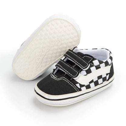 Zapatos Meckior para bebé niño y niña, zapatillas de lona con suela de goma antideslizante y diseño de rayas a cuadros, para primeros pasos, zapatos casuales unisex para bebé.