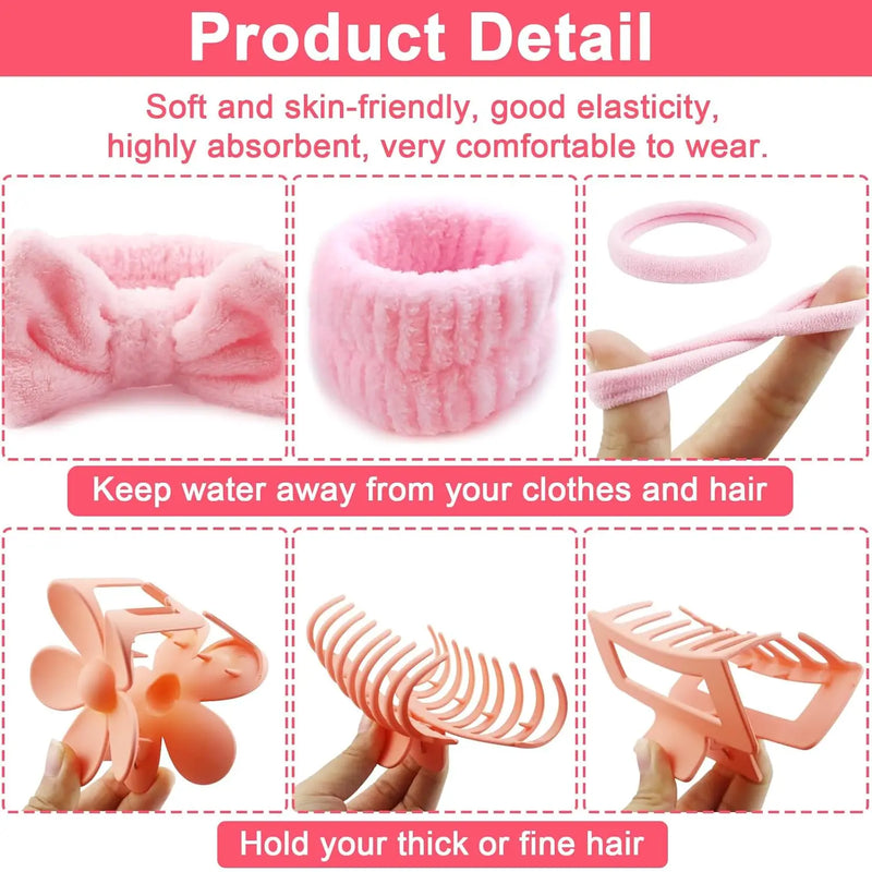16 Pcs Face Wash Headband Wristband Hair Clips Ponytail Holders Set Soft Spa Bowknot Headband Hair Claw Clips Elastics Hair Tie