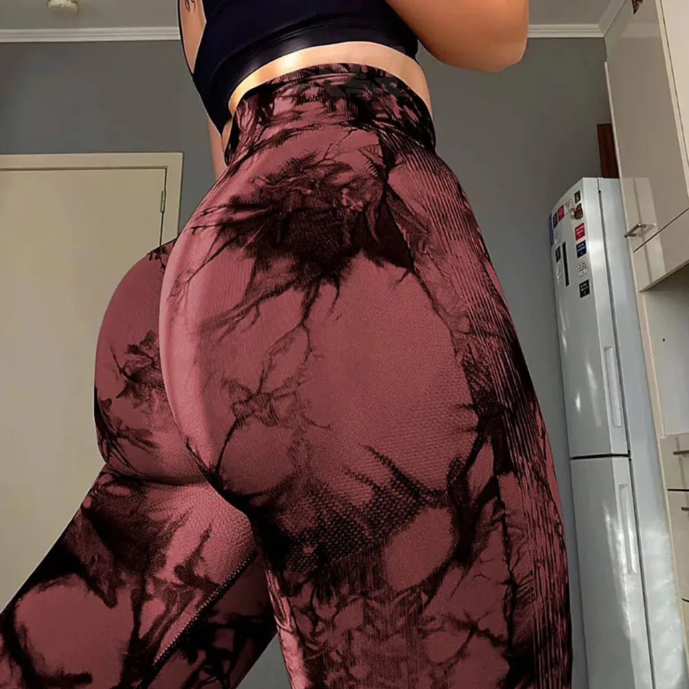 Mallas de yoga sin costuras con efecto tie-dye para mujer, mallas push up de cintura alta para gimnasio, control de abdomen, pantalones deportivos de entrenamiento y fitness para mujer