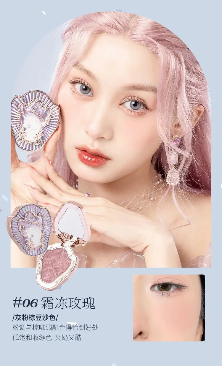 Paleta de rubor con relieve Unicorn de Flower Knows, de larga duración y fácil de aplicar, mate, natural, iluminador, rubor voluminoso, maquillaje.