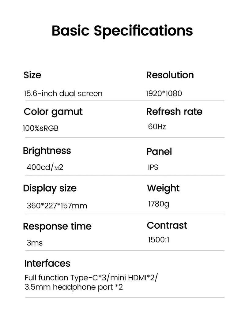 2025 15.6 Dual Screen 1920*1080P 60Hz Touch/Non-Touch Portable Monitor IPS Low Blue Light Eye Protection 360° Folding Drive-free