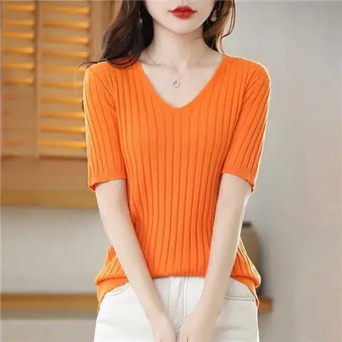 2023 New Spring Summer New Women's V-neck Short-Sleeved Exquisite Cashmere Knitted Sweater Pullover Solid Color