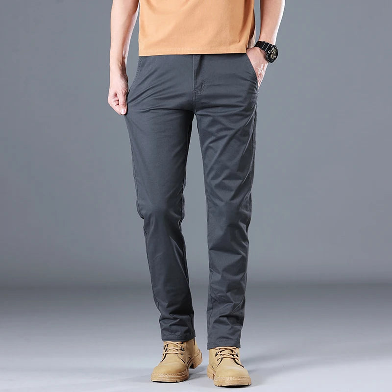 Men's High Quality Pure Cotton Classic Solid Color Casual Pants Business Stretch Slim Straight Brand Trousers Male Autumn New