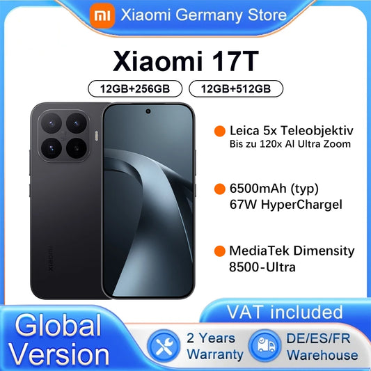 Smartphone Xiaomi 17T Versão Global – Tela de 6,59" 120Hz, HyperCharge de 67W, bateria de 6500mAh, processador MediaTek Dimensity 8500-Ultra