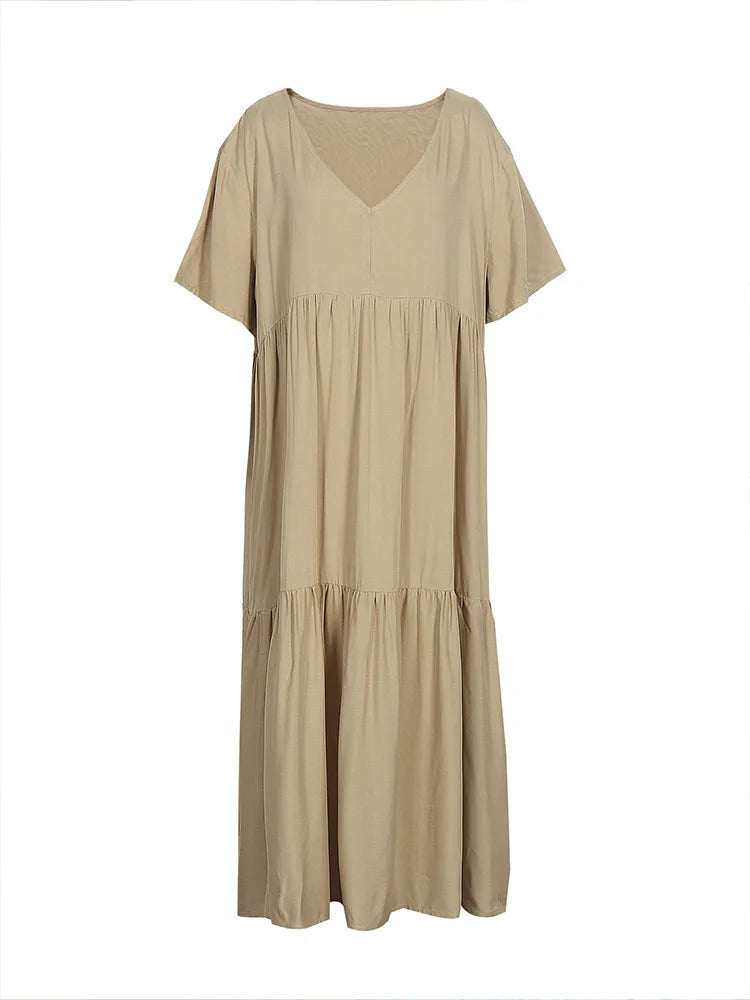 Plus Size 2025 Summer New V-neck Short Sleeve Pleated Solid Colour Loose Casual Midi Dress Basic Hem Pleated