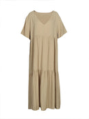 Plus Size 2025 Summer New V-neck Short Sleeve Pleated Solid Colour Loose Casual Midi Dress Basic Hem Pleated