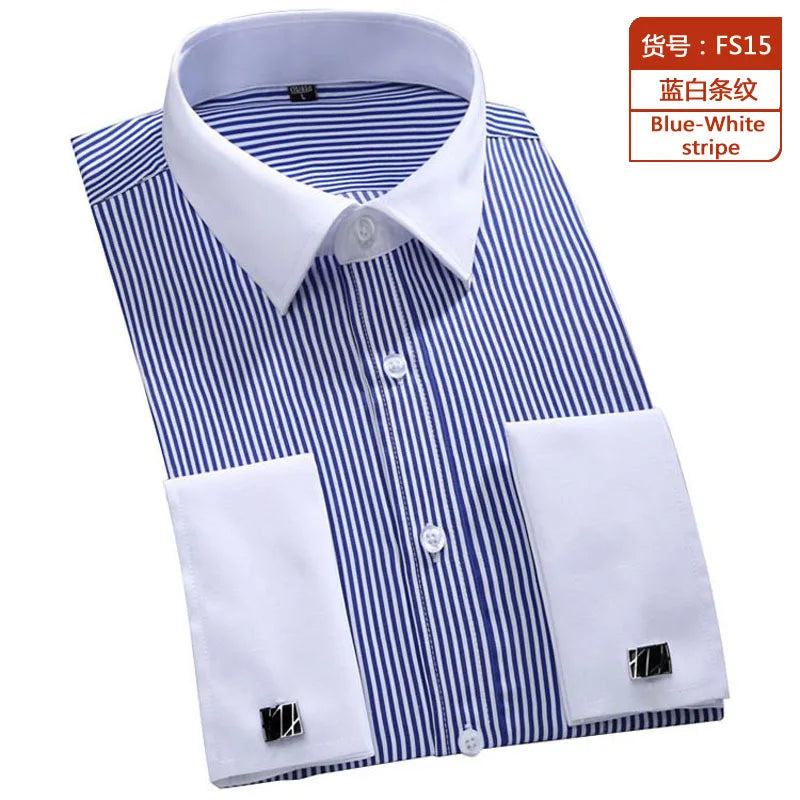 Camisa clásica de vestir para hombre con puños franceses, corte estándar, manga larga, para bodas, fiestas, oficina, trabajo, color blanco