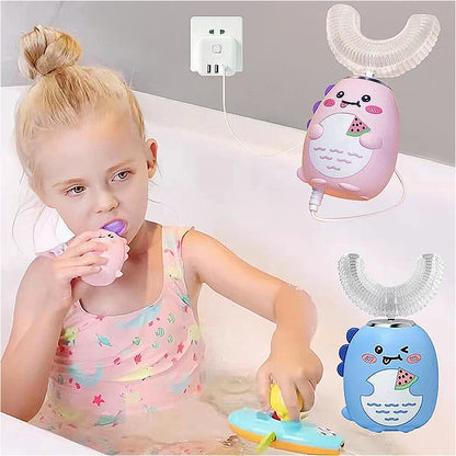 Children U-shaped Electric Toothbrush 360 Degrees Smart Cartoon Kids Silicone Toothbrush Automatic Rechargeable Sonic Toothbrush