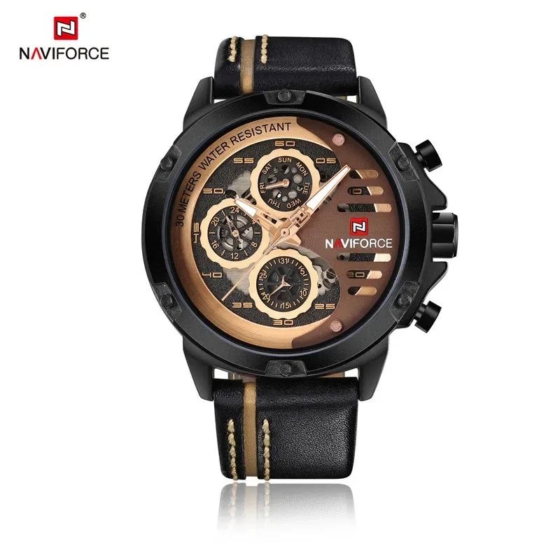 NAVIFORCE Men Watch Sport Man Wristwatch Top Brand Luxury Gold Military Date Week Genuine Leather Quartz Male Clock Gift 9110