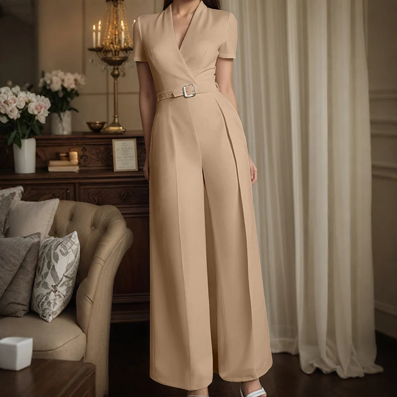 ZANZEA Street Fashion High Waist Jumpsuits Women Workwear Belt Rompers Solid Deep V Neck Elegant Office Lady Long Overalls