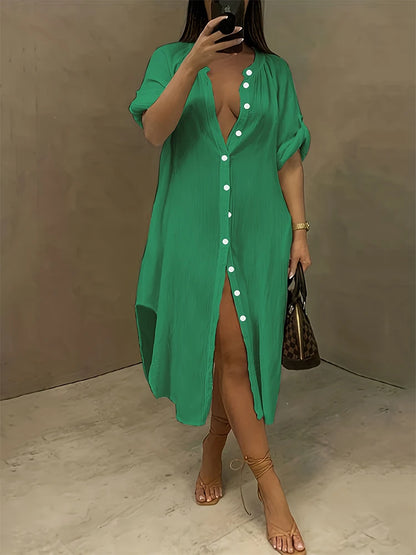Vestido de talla grande para mujer, primavera y verano 2024, con botones de una sola fila, color liso, informal, suelto, largo, de poliéster.