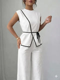 Women's Summer Tie-waist Wide-leg Pants Set Sleeveless Wrap Blazer Top Loose Straight-leg Pants Two-piece Set Comfortable Outfit