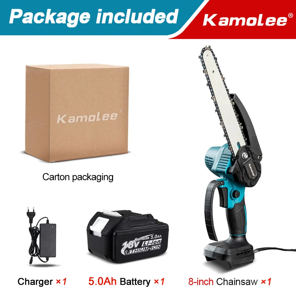 Kamolee serra elétrica sem escova, 8 espaços, mini motosserra, cortador de madeira, ferramenta elétrica de poda de jardim para makita, bateria de 18v