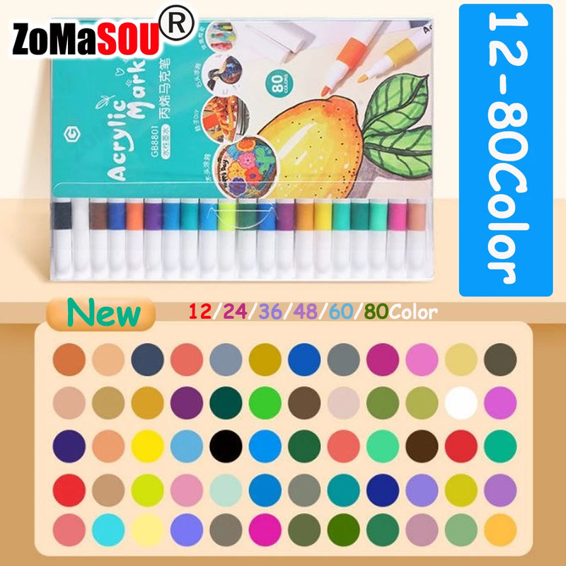 12-80Colors Acrylic Paint Pens Markers for Rock Painting Water Based Paint Markers Ceramic Easter Egg Glass Wood Manga DIY Gift