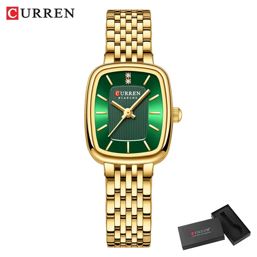 Relógio feminino quadrado dourado em aço inoxidável com calendário