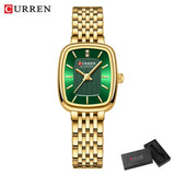 Relógio feminino quadrado dourado em aço inoxidável com calendário
