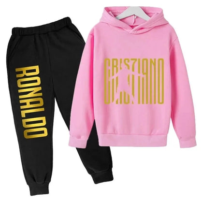 Autumn and winter Ronaldo creative printed children's hoodie set autumn and winter warm fleece hooded pants two-piece set sports