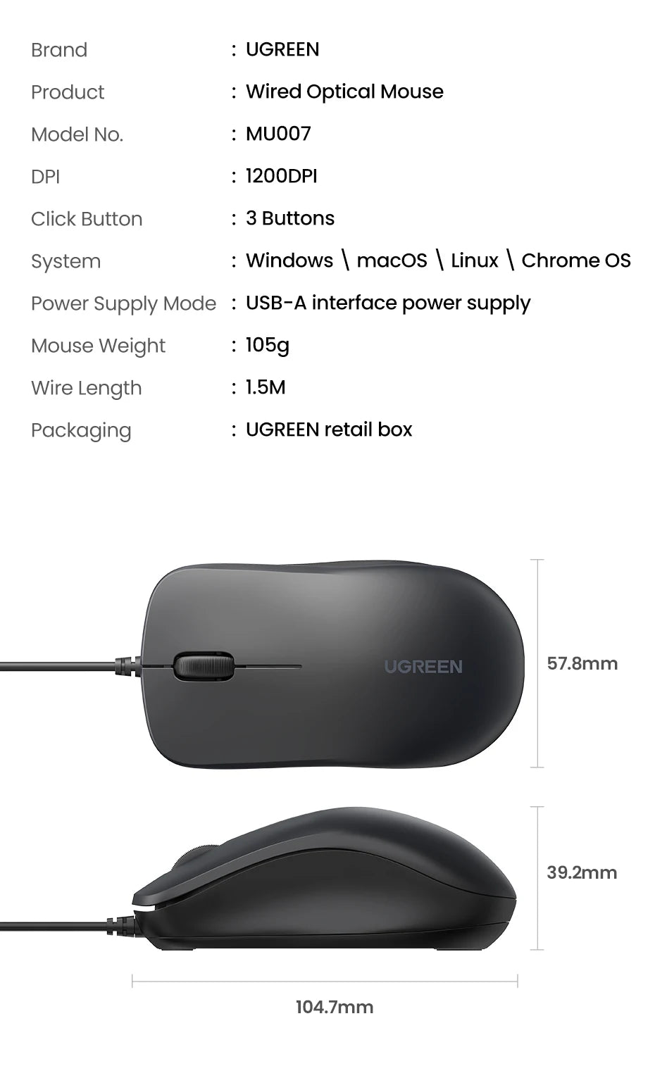 UGREEN USB Wired Mouse with Ergonomic Design 1200 DPI 3 Buttons Mouse for Laptops and PCs