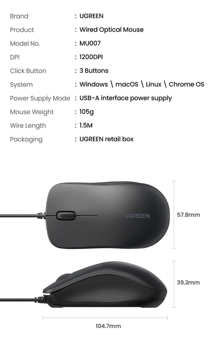 UGREEN USB Wired Mouse with Ergonomic Design 1200 DPI 3 Buttons Mouse for Laptops and PCs