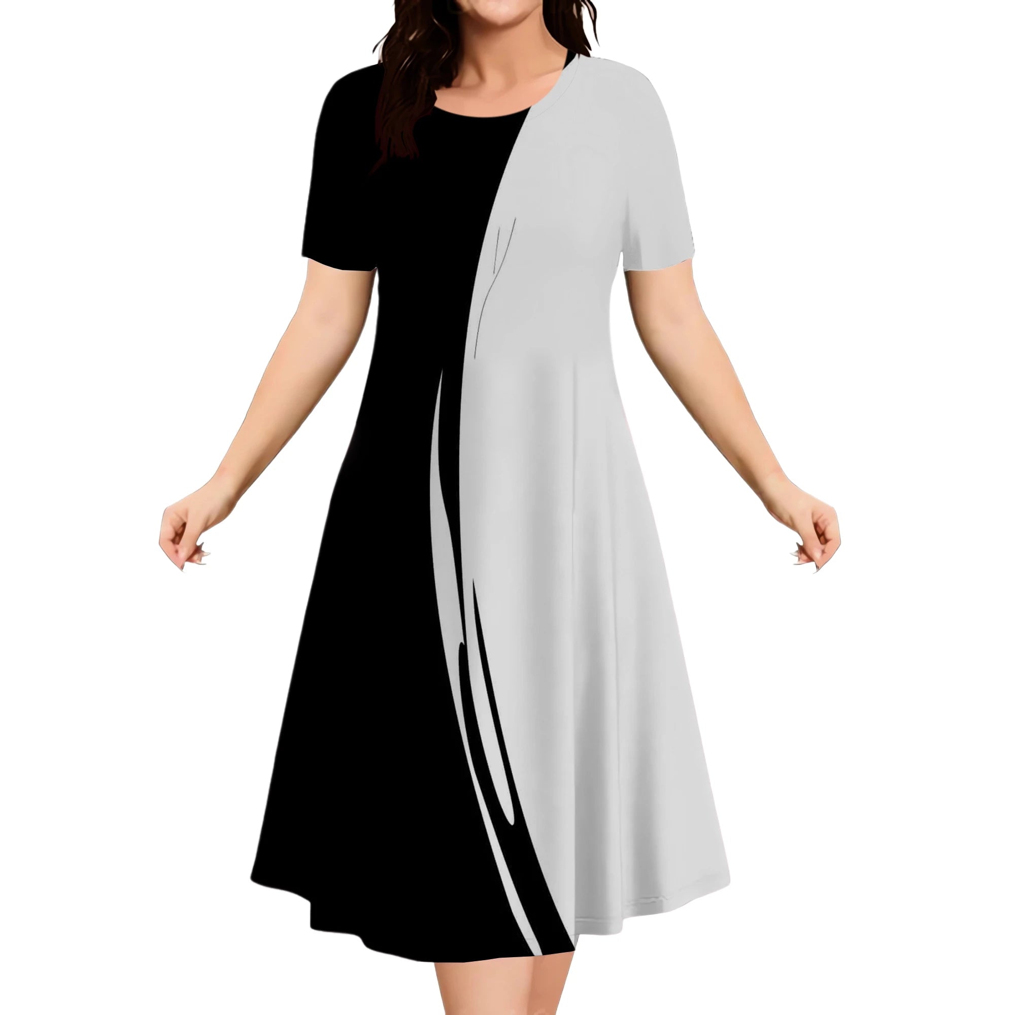 2025 Summer Women Dress Fashion Plus Size Short Sleeve Dress Black White Contrast Color Loose A-Line Dress Big Size 9XL Clothing