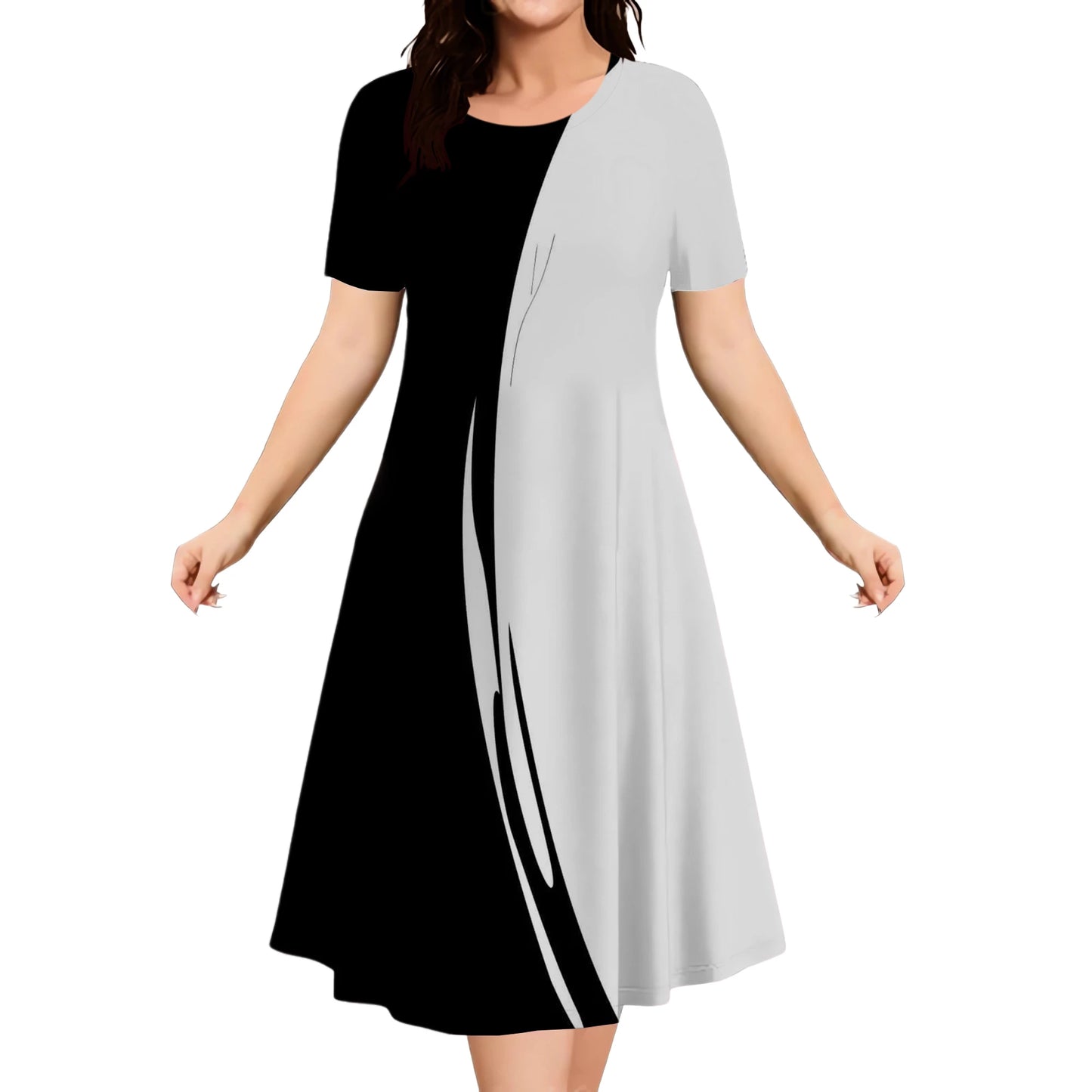 2025 Summer Women Dress Fashion Plus Size Short Sleeve Dress Black White Contrast Color Loose A-Line Dress Big Size 9XL Clothing