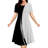 2025 Summer Women Dress Fashion Plus Size Short Sleeve Dress Black White Contrast Color Loose A-Line Dress Big Size 9XL Clothing