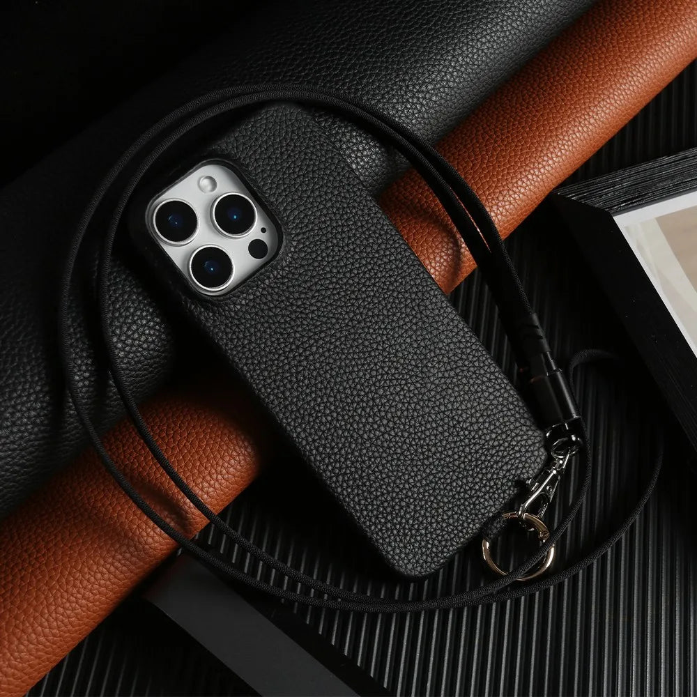 Funda de piel auténtica personalizable con cordón de carga para iPhone 16 Pro Max, 15, 14, 13, 12 y 11, con funda magnética.