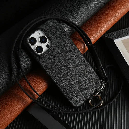 Funda de piel auténtica personalizable con cordón de carga para iPhone 16 Pro Max, 15, 14, 13, 12 y 11, con funda magnética.