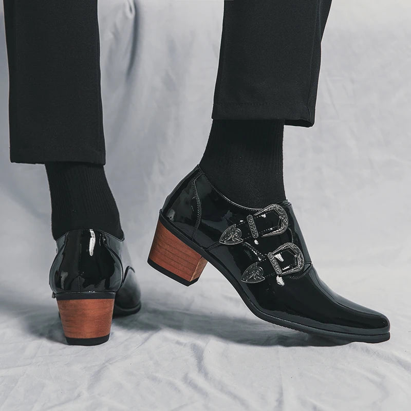 Luxury Designer Monk Leather Men's Shoes, High Heels, Polished, Double Buckle, Pointed Toe, Casual Shoes for Men, Party Wedding Shoes for Men