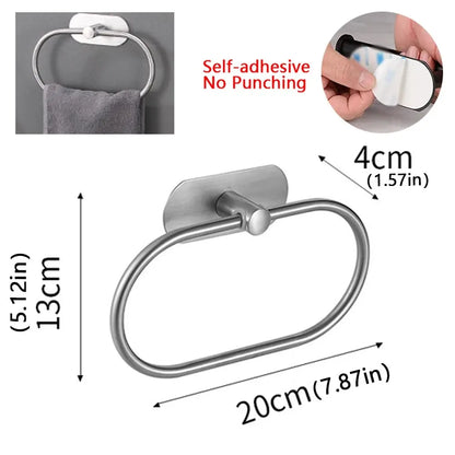 Toallero de acero inoxidable autoadhesivo para baño, toallero negro, colgador de toallas, barra de aro, accesorios de almacenamiento para cocina