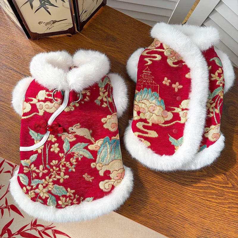 New Year Autumn Winter Double Layer Fleece Pet Clothes Chinese Style Jade Rabbit Design Warm Coat for Dogs Cats Festive Holiday