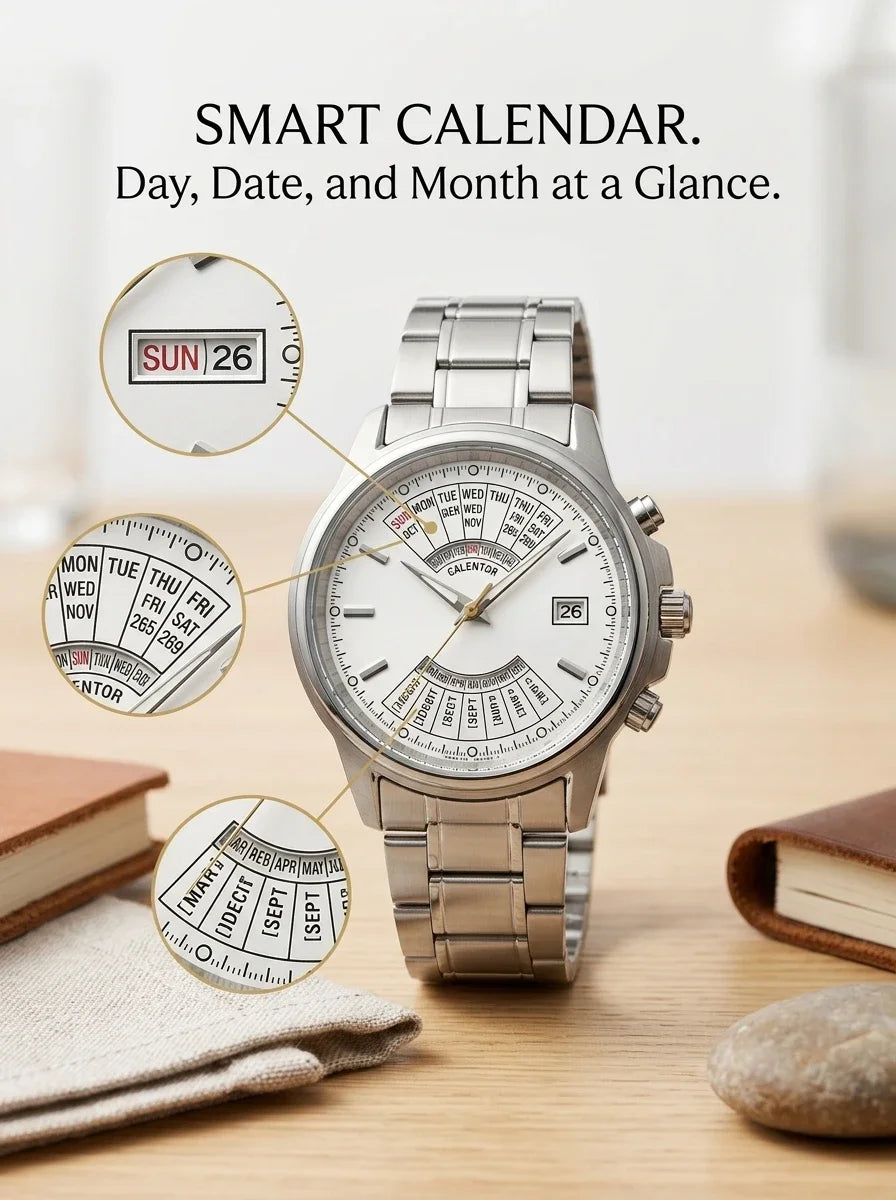 Relógio masculino automático vintage com calendário perpetuo em aço inoxidável