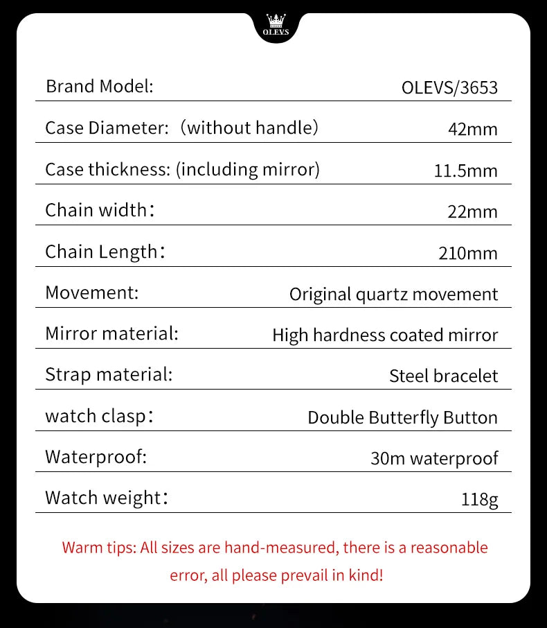 OLEVS 3653 Mens Watch Quartz Watch Multifunctional Chronograph Watch For Men 30M Waterproof Luminous Moon Phase Box Original