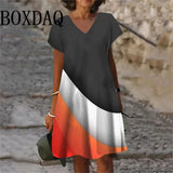 2025 Summer Fashion Plus Size Dresses 6XL Women V-Neck Short Sleeve Mini Dress Casual Daily Gradient Striped Large Size Dress