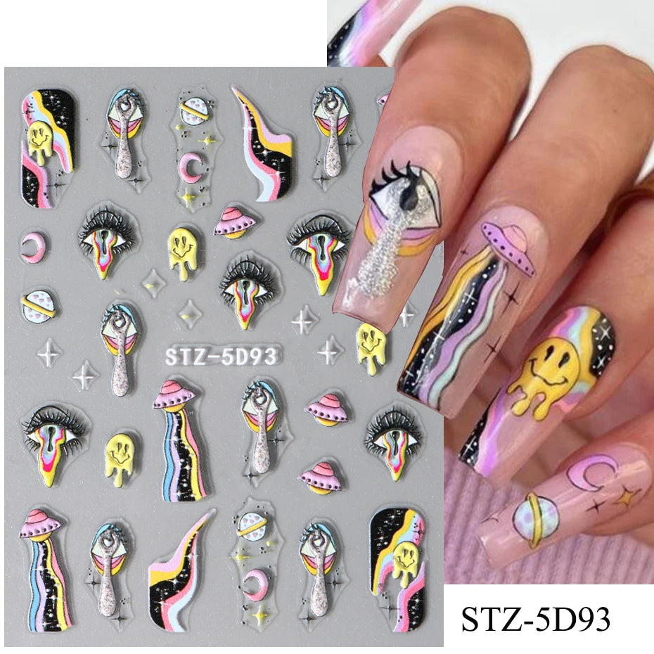 Cinturón negro 5D pegatinas en relieve gótico Halloween estilete calabaza calavera telaraña cremallera manicura uñas gel autoadhesivo decoración