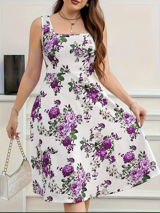 2025 New Plus Size Floral Print Square Neck Sleeveless Dress - Flared Skirt, Stretchy Fabric, Machine Washable, Spring/Summer Ca